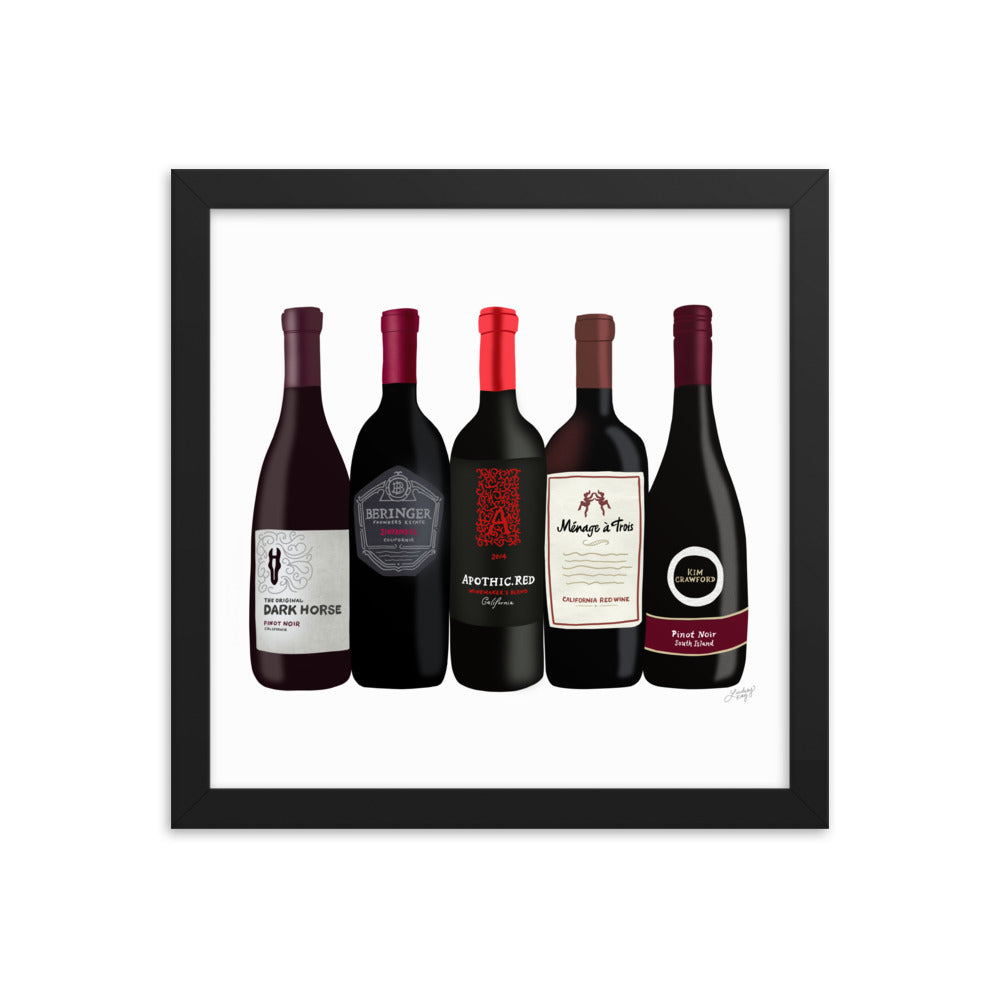 Red Wine Bottles Illustration - Framed Matte Print